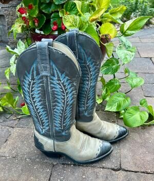 Vintage Texas Brand Boots cowgirl embroidered tan, blue western boots size 6.5